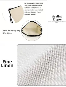 Detail view of linen cosmetic bag featuring durable alloy zipper and internal storage space