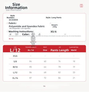 Tableau des tailles pour leggings de yoga avec mesures S-XL et composition du tissu