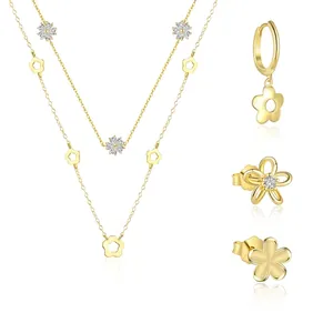 Set di Gioielli con Collana e Orecchini a Bottone in Argento Sterling S925 a Forma di Fiore Traforato per Donna in Zirconia Oro