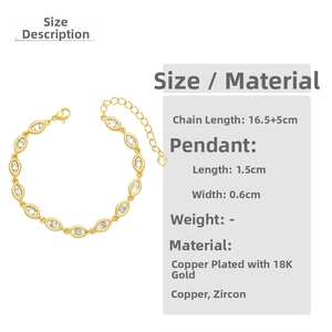 Detail of 18K gold plated zircon bracelet with leaf-shaped links and measurement details