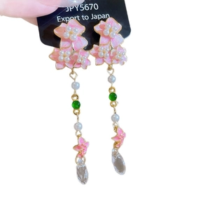Pink enamel flower earrings with pearls and crystal droplets in a sweet vacation style