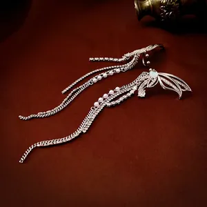 Silver zircon butterfly tassel ear cuff set with pearls and wings in luxury design