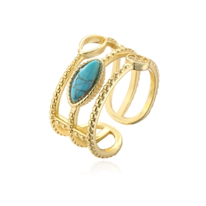 18K gold-plated multilayer hollow ring with marquise turquoise stone and open design