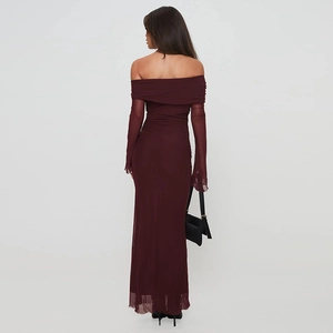 Sexy off-shoulder bodycon mesh dress in burgundy wine red with long sleeves and open back