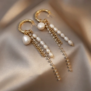 Ins Style Geometric C-Shaped Chain Tassel Drop Earrings With 925 Sterling Silver Earring Post Gold Alloy Artificial Pearl Rhinestone Earrings For Women