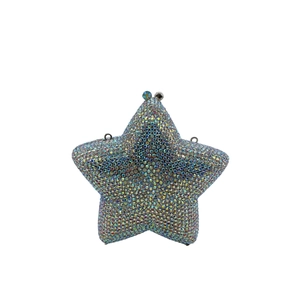 Macro shot of iridescent rhinestone star clutch bag showing metal clasp and hooks