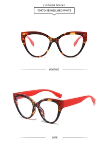 Detailed views of tortoiseshell red and white cat-eye sunglasses with side profile