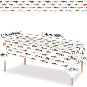 Fishing theme disposable PE tablecloth 137x274cm with realistic fish patterns for parties