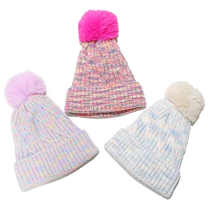 Rainbow gradient cable knit winter beanies with faux fur pom-poms and warm fleece lining