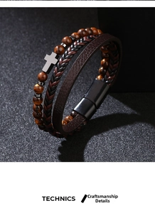 Close-up of multi-layer leather bracelet with tiger eye beads and matte magnetic clasp