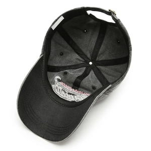 Deep grey washed cotton baseball cap with adjustable metal buckle and inner structure