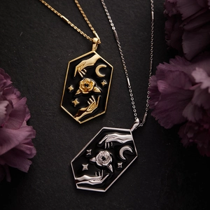 Vintage Hexagon Tarot Karte Anhänger Halskette Kupfer Emaille Rose Hand Stern Mond Motive Retro Schmuck Damen