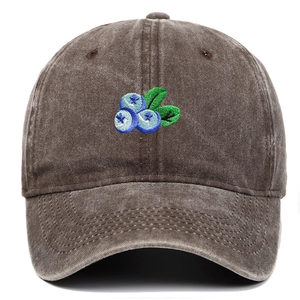 Vue détaillée de face d'une casquette de baseball marron avec broderie myrtille