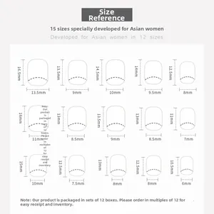 Detailed size guide chart showing 15 different dimensions for short floral press-on nails