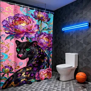 Moderner 3D Duschvorhang mit schwarzem Panther Pfingstrosen und Goldakzenten