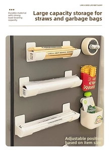 Macro view of white wall-mounted storage racks for cling film and kitchen accessories