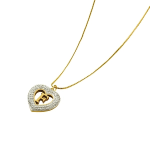 Gold stainless steel necklace with heart pendant featuring letter F and rhinestones