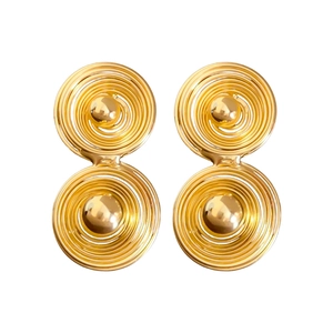 Minimalist double spiral gold metal stud earrings with polished sphere center on white background