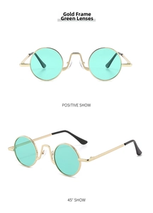 Detail view of gold metal frame sunglasses with light green round lenses from two angles