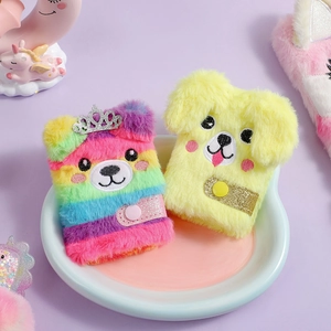 Cute mini plush notebook with rainbow bear and yellow puppy designs and glitter snap closure