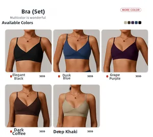 Detail of V-neck seamless sports bra with thin straps in various matte earth-tone colors