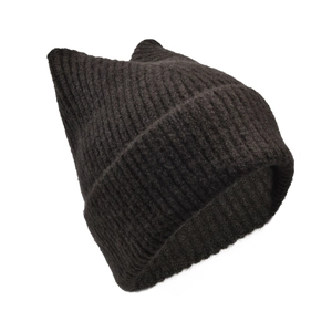Detailed view of dark brown cat ear knit hat with thick ribbed texture for winter warmth