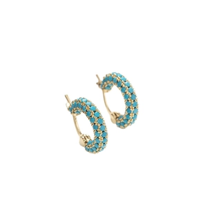 Golden huggie hoop earrings with micro-paved turquoise beads in a vintage style