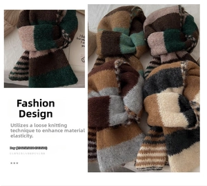 Close-up of loose-knit wool texture and multi-color stripe patterns for warmth