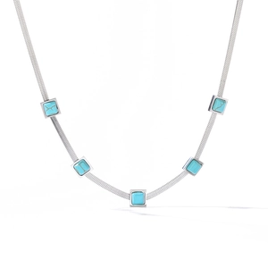 Silver snake chain necklace with five square turquoise stone pendants for women