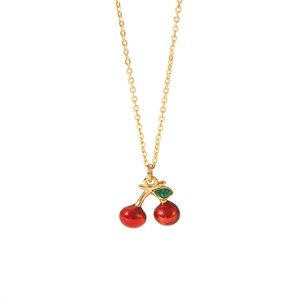 Gold-plated stainless steel necklace featuring red cherry pendants with green leaves