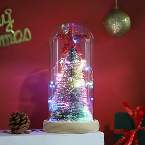 Close-up of a lit miniature Christmas tree with LED lights inside a glass dome