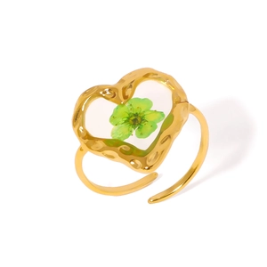 Gold plated titanium steel open ring with heart frame and green dried flowers inside
