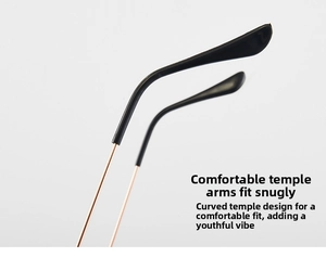 Close-up of rose gold metal sunglasses temples with ergonomic black curved earpieces