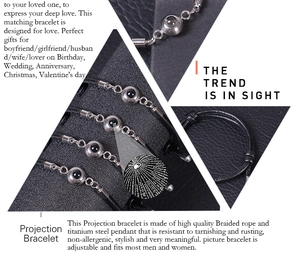 Detailed view of adjustable woven bracelet with 100 languages projection pendant
