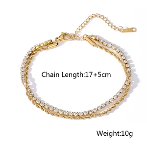 Double-layer gold plated stainless steel bracelet with zircon tennis chain, 17+5cm length