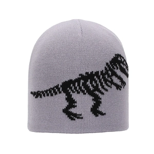 Detail of knitted dinosaur skeleton pattern on a warm grey winter beanie for boys