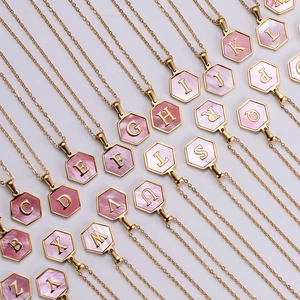 Hexagonal 18k gold plated pendant necklace with pink shell inlay and A-Z initial letters