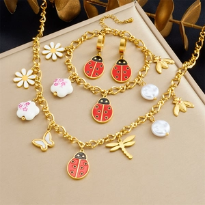 Stainless Steel Ladybug Bee Butterfly Flower Necklace Bracelet And Earrings Gold Plated Enamel Charms For Women Girls