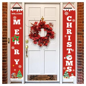 Christmas door banners featuring Welcome Merry Christmas text and festive patterns