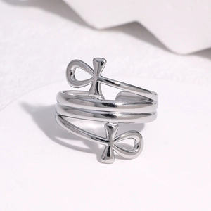 Polished stainless steel open ring featuring a unique double Ankh cross charm design