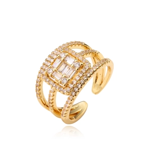 Adjustable gold plated multi-row geometric ring with radiant square zirconia stones