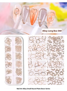 Macro detail of mixed geometric alloy nail art charms in a 12-grid storage case