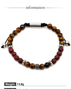 Macro detail of men's tiger eye and stone beaded bracelet with adjustable cord and beads