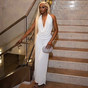 Halter Neck Draped Cowl Top And Wide Leg Pants Backless Pleated High Waist Polyester Casual Party Streetwear Women