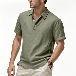 Men's olive green linen polo shirt with short sleeves and classic buttoned lapel collar