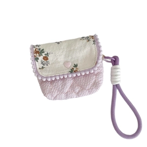 Floral cotton CCD camera case with purple quilted pattern and wrist strap hook