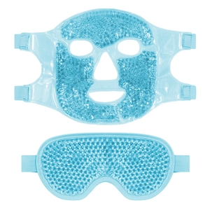 Light blue cooling gel bead face mask and eye mask set with elastic straps for soothing relief