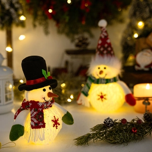 Close-up of glowing Christmas snowman plush dolls with warm indoor holiday lighting