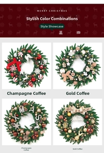 Détail de quatre couronnes de Noël avec lumières LED en rouge, blanc, or et champagne