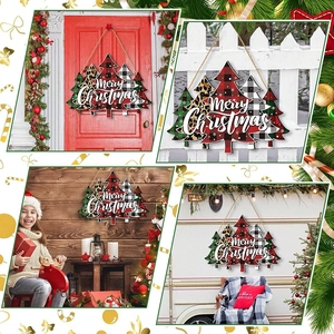Detail of wooden Merry Christmas door sign with leopard and plaid pattern tree designs